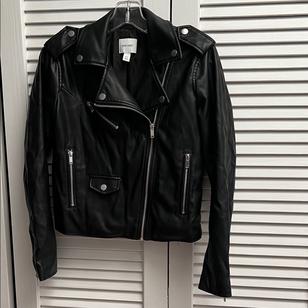 Nine West Black Poly Leather Biker Jacket